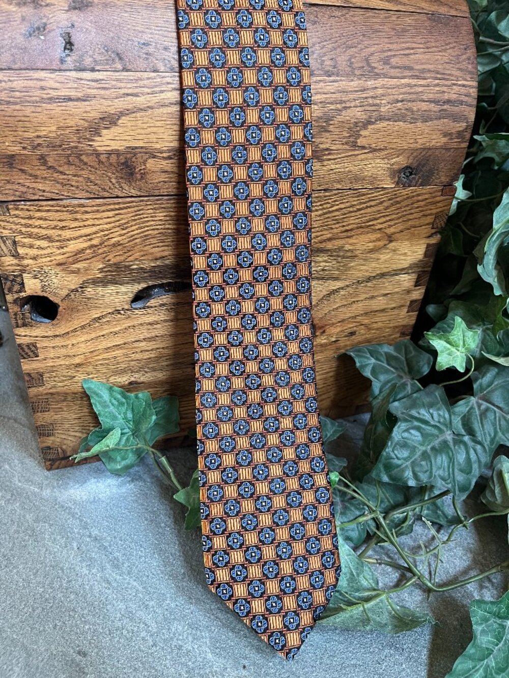 JZ Richards Boulder Handmade Silk Necktie Orange Blue Extra Long Medallion Check